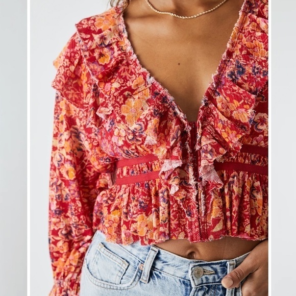 Free People Red Rudi Ruffle Long sleeves Bohemian top size Small - Picture 5 of 16